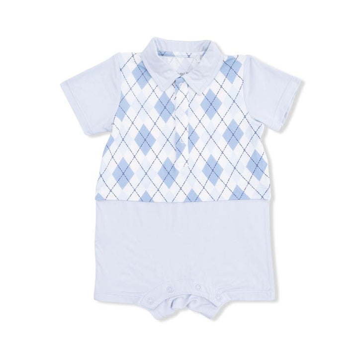 Baby romper with blue argyle pattern on a white background