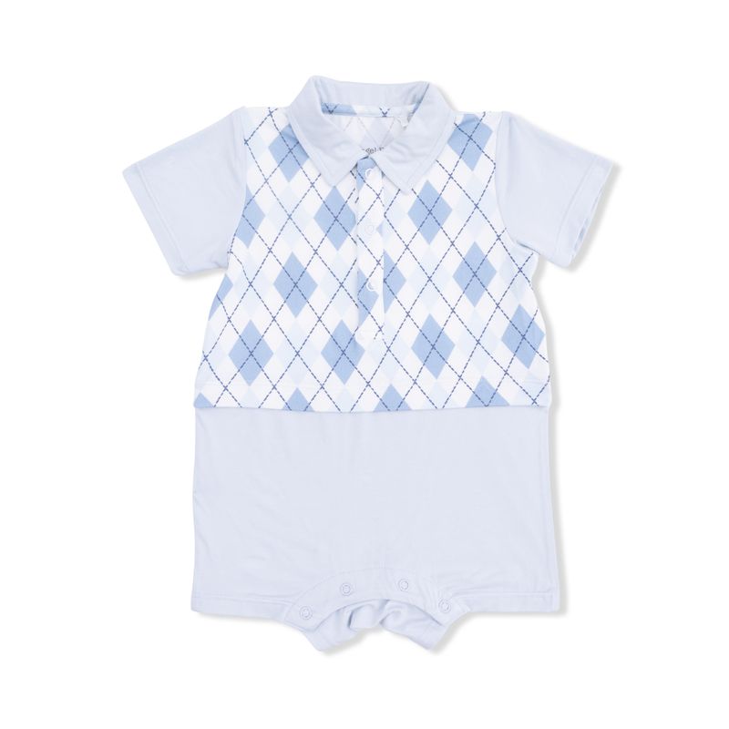 Baby romper with blue argyle pattern on a white background