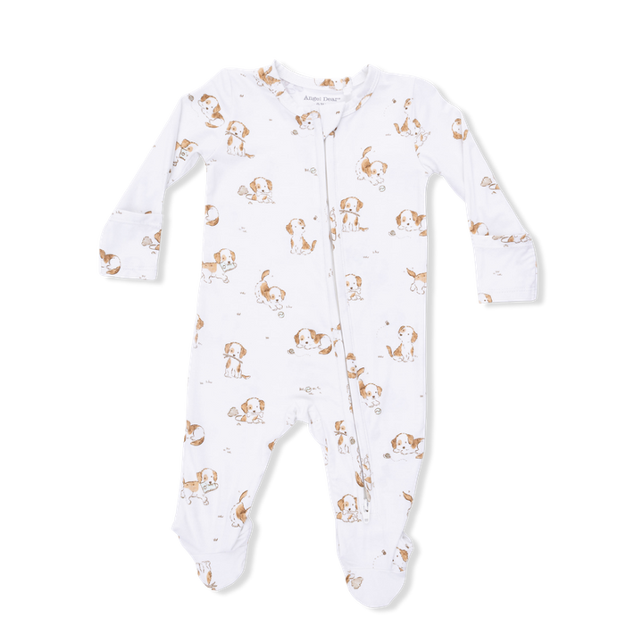 Baby onesie with dog pattern on a white background