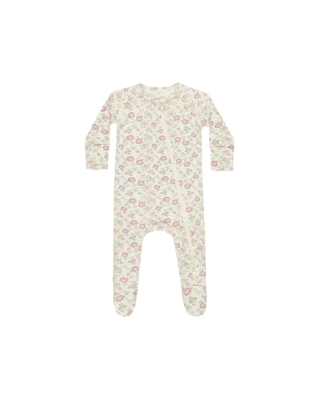baby footie with zipper running diagonally across. the footie is beige with pink and sage flowers 