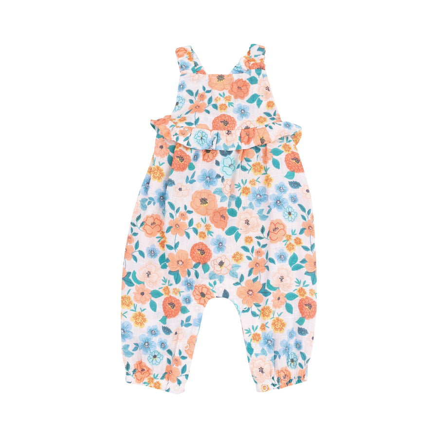 baby girl outfit, ruffle waist romper wit floral print in oranges, teal and blue. 