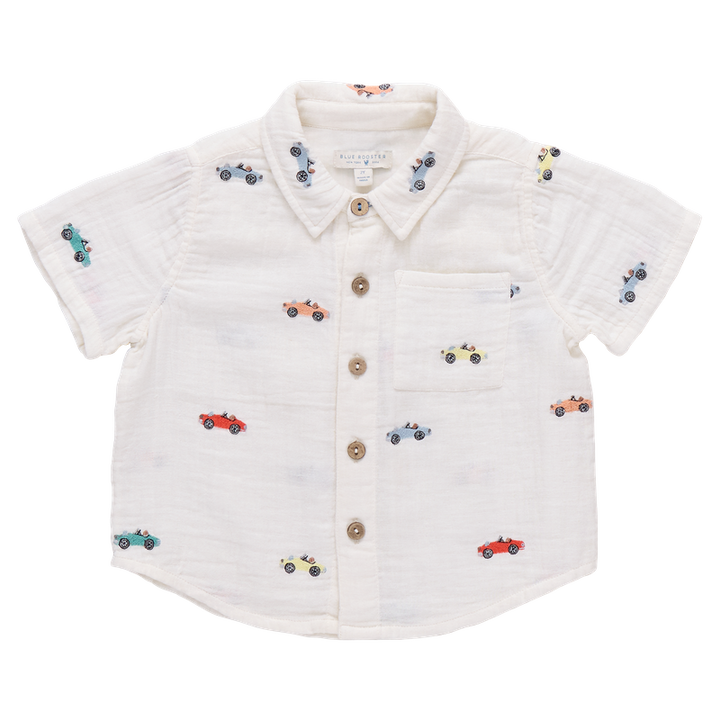 button down cotton gauze shirt with colorful embroidered cars all over 