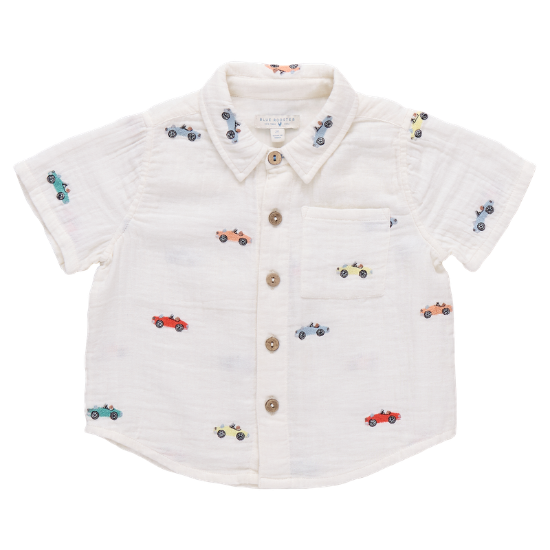 button down cotton gauze shirt with colorful embroidered cars all over 