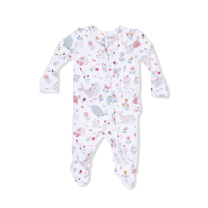 Baby onesie with sea animal pattern on a white background