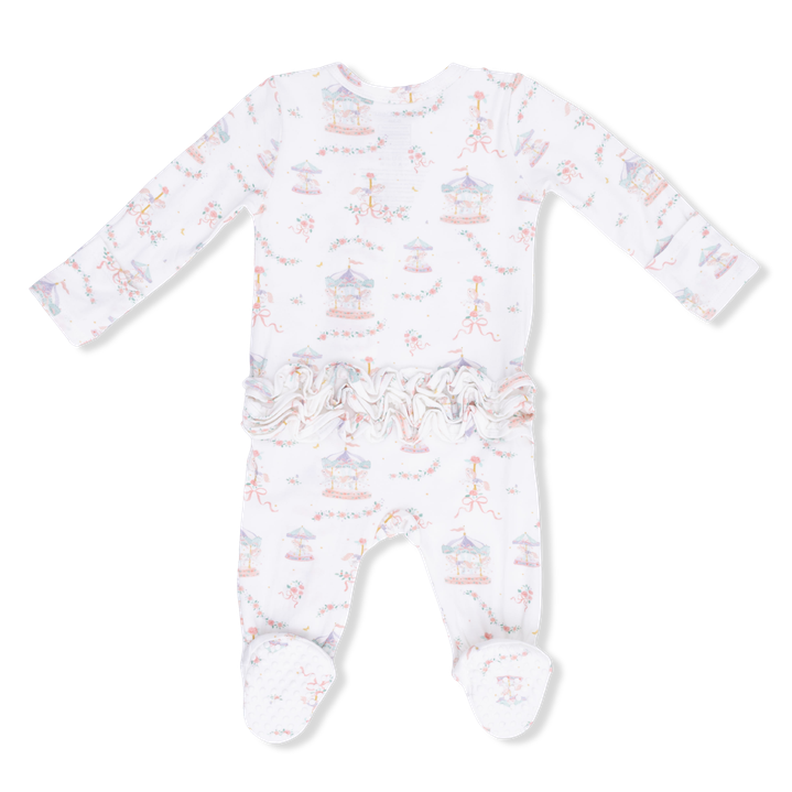 Back of Baby onesie with pink carousel pattern and ruffles on the back on a white background