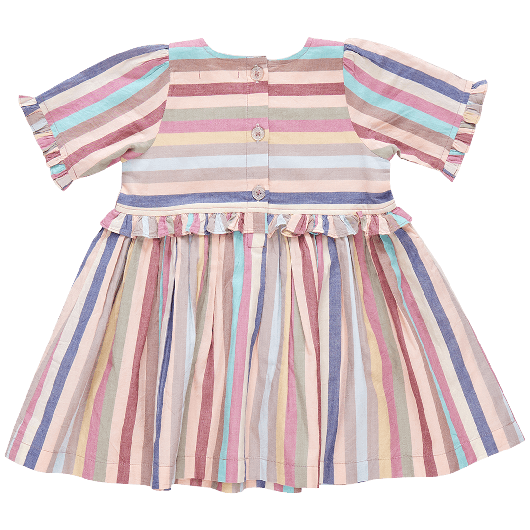 muted pastel striped dress with ruffles at the sleeves and pleats across the chest.