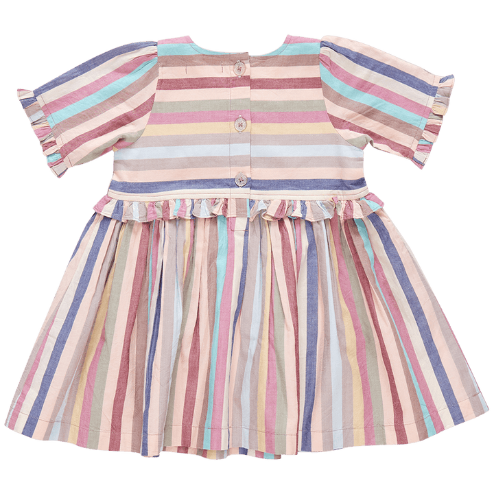 muted pastel striped dress with ruffles at the sleeves and pleats across the chest.