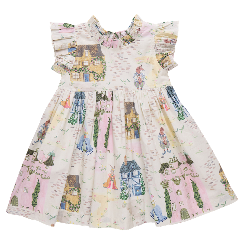 Children's dress with a colorful village pattern on a white background