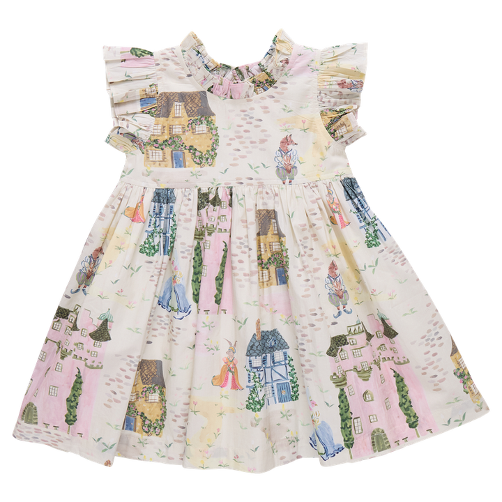Children's dress with a colorful village pattern on a white background