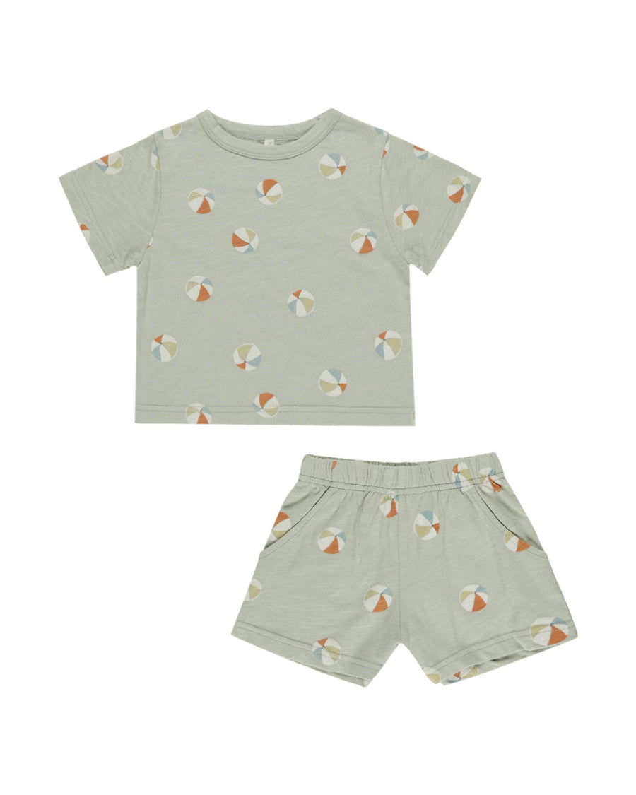 sage green 2 piece set with shirt and shorts: beach ball print all over 