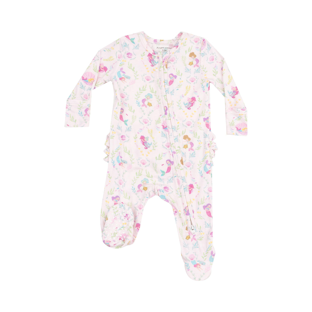 baby footie with tiny mermaids all over the mermaids are pink and lavender with pops of turquoise. 
