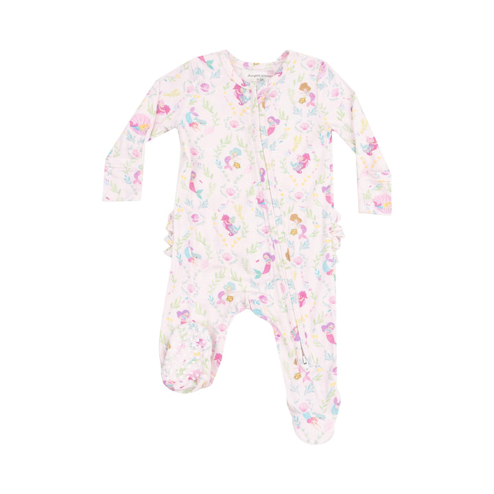 baby footie with tiny mermaids all over the mermaids are pink and lavender with pops of turquoise. 