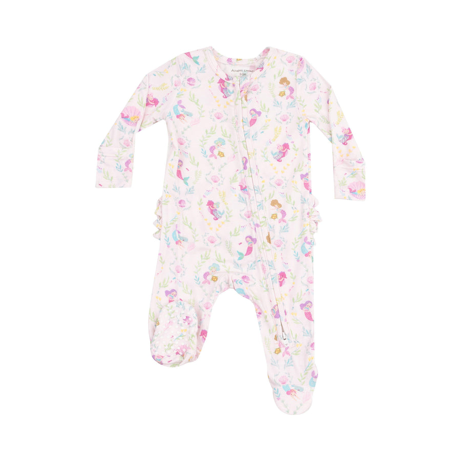 baby footie with tiny mermaids all over the mermaids are pink and lavender with pops of turquoise. 