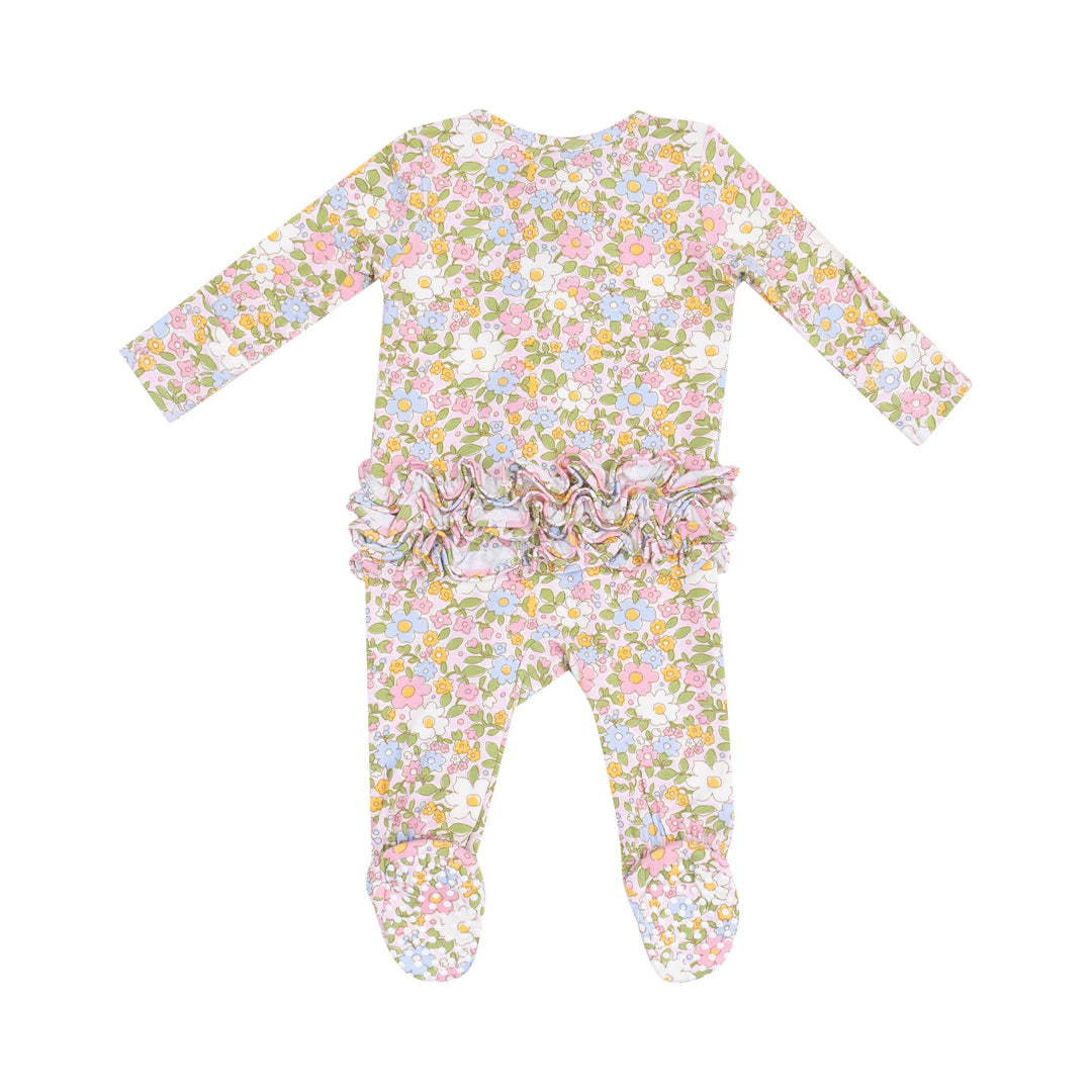 the back of the baby footie with rubber stoppers on the feet and ruffles on the bum. 
