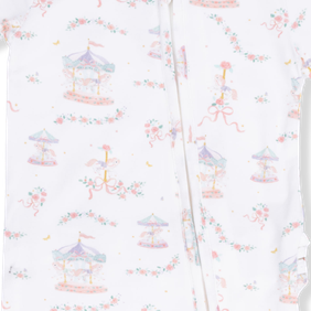Baby onesie with a carousel pattern on a white background