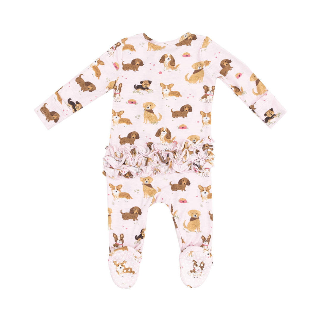 back of baby footie light pink with puppies and ruffles on the bum. 