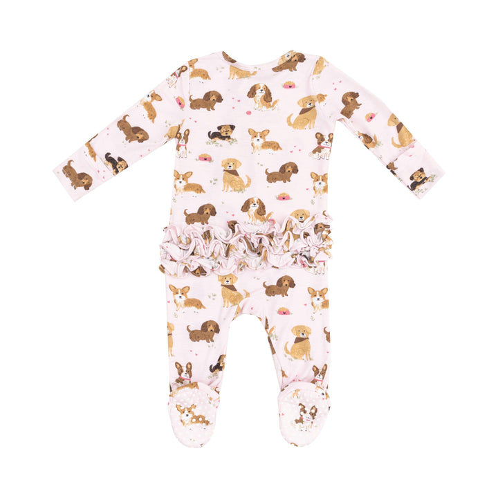 back of baby footie light pink with puppies and ruffles on the bum. 