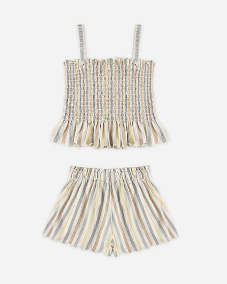 Striped top and shorts set on a white background