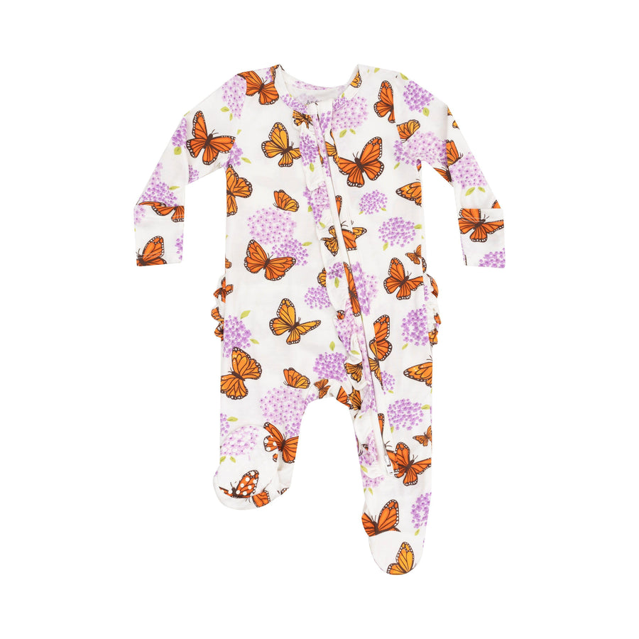 baby footie white background with monarch butterflies and purple milkweed flower print 