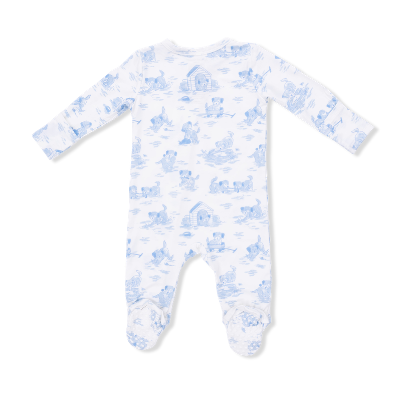 back of Baby onesie with blue floral pattern on a white background