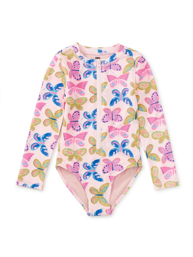 Children's swimsuit with colorful butterfly pattern on a white background