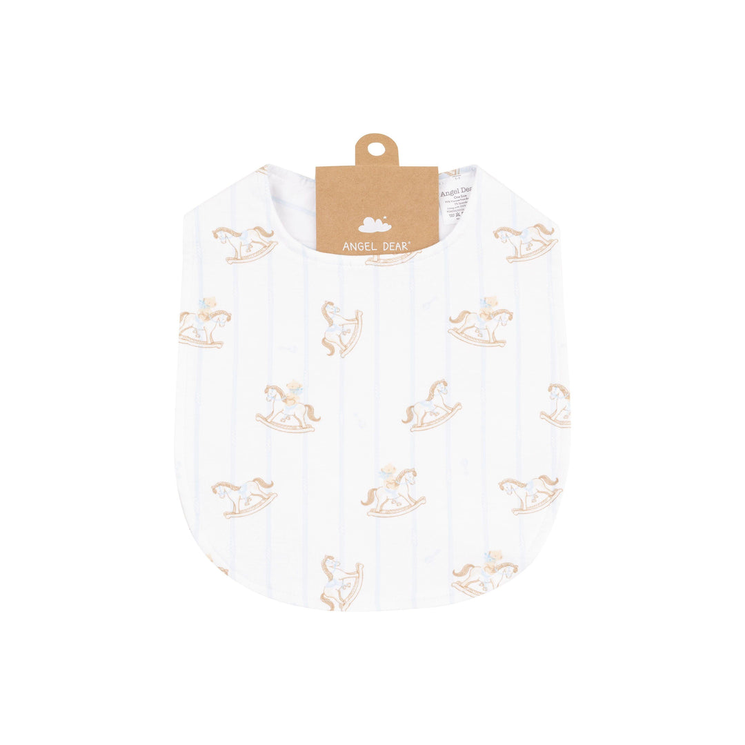 baby bib with white base and blue pinstripes with rocking horses all over. 