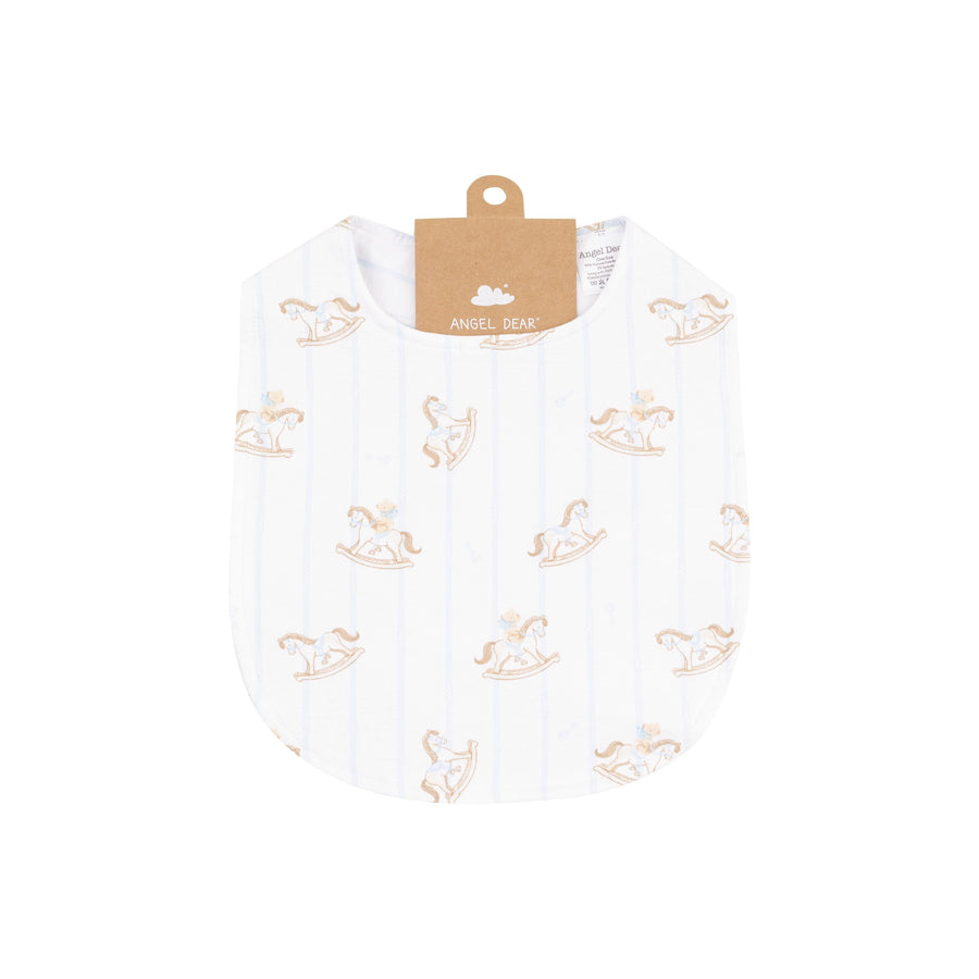 baby bib with white base and blue pinstripes with rocking horses all over. 
