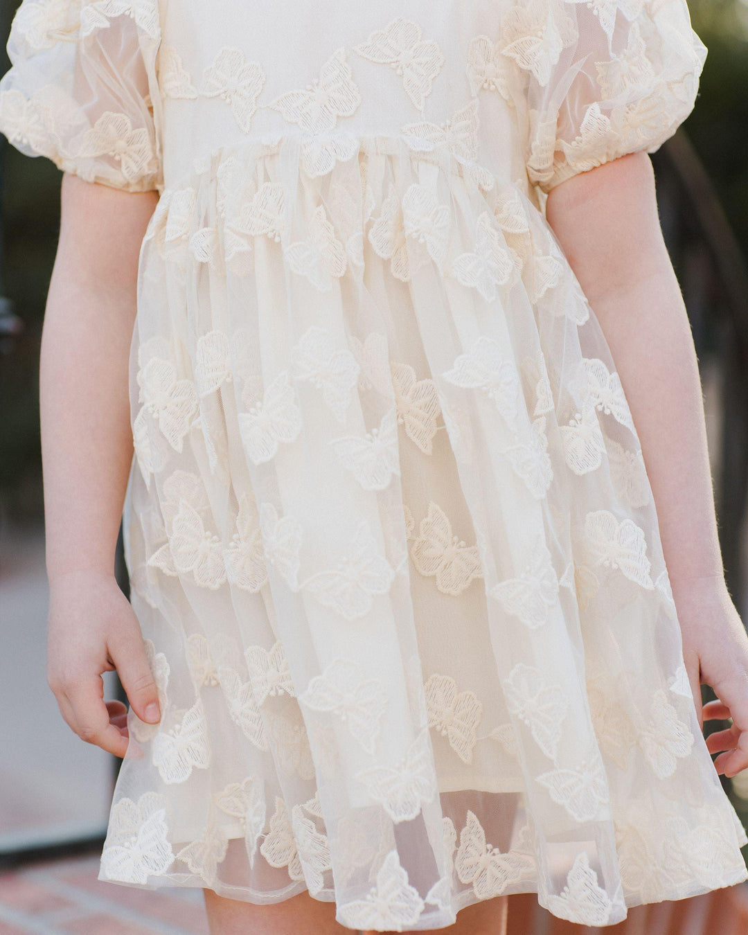 up close look at the skirt and the butterflies all over the bodice and skirt. butterflies are slightly textured. 