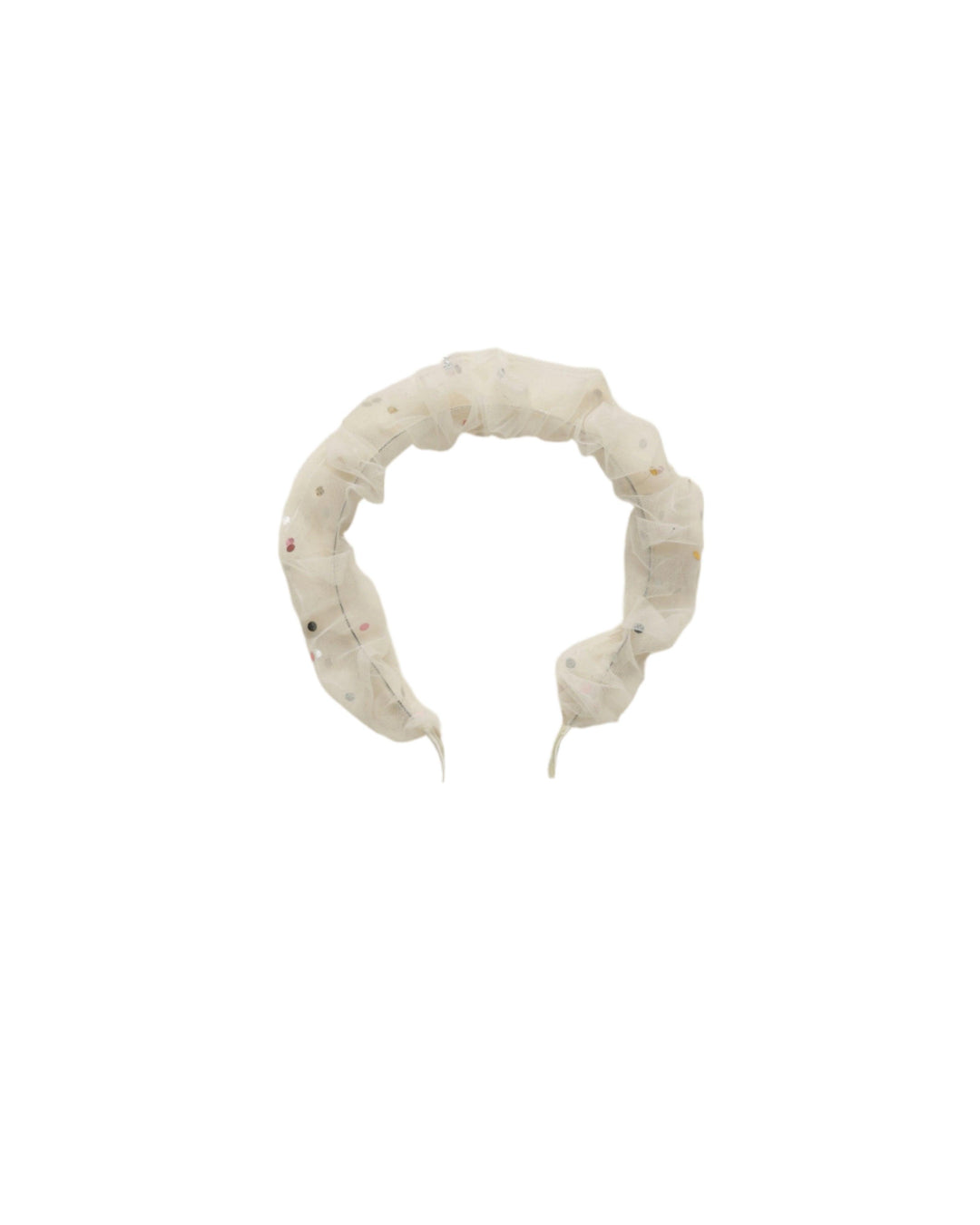 gathered headband with sheer chiffon with confetti throughout the headband