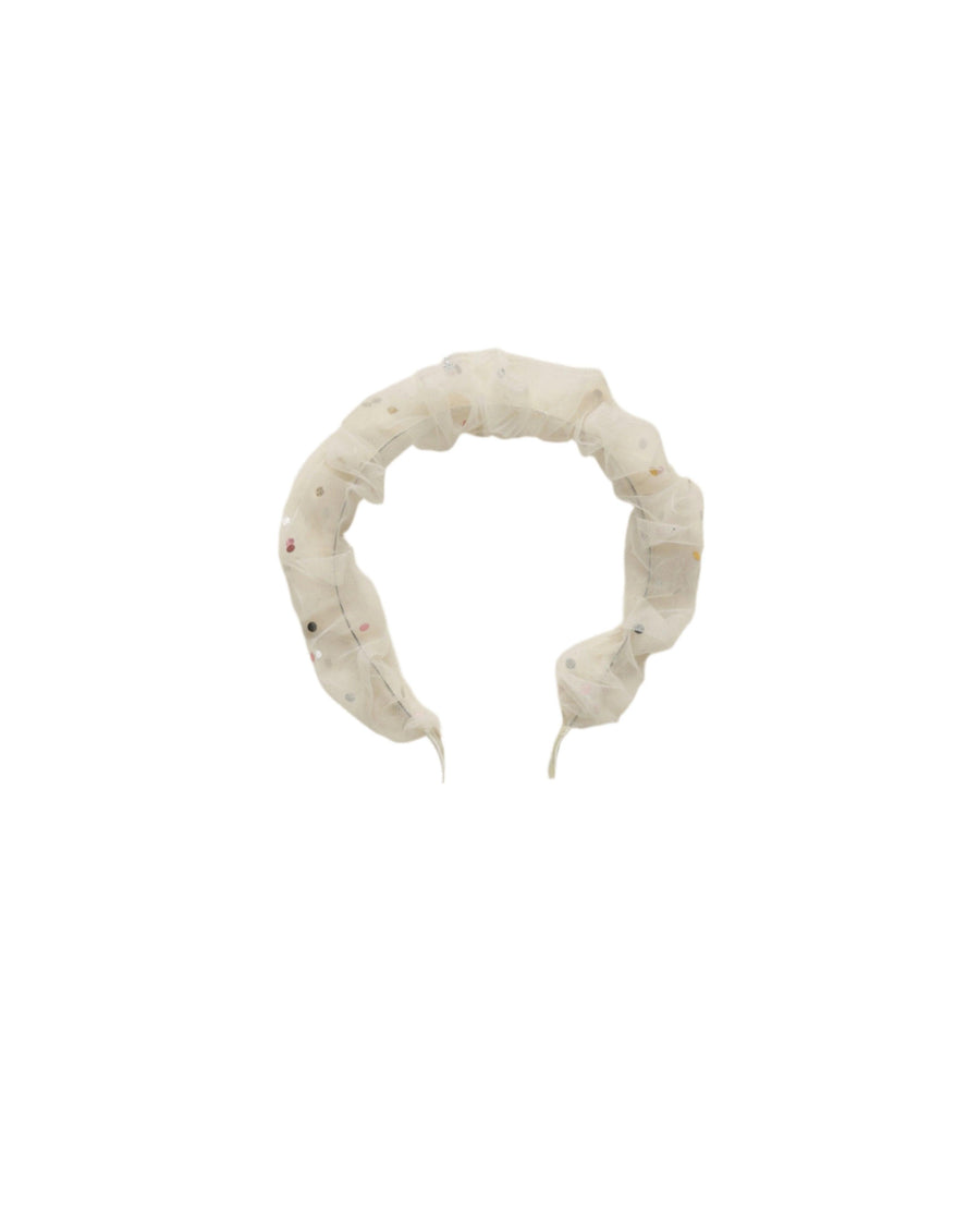 gathered headband with sheer chiffon with confetti throughout the headband