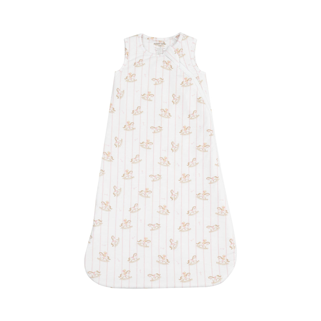 baby sleep bag with pink pinstripes and rocking horse print all over the sleep bag. 