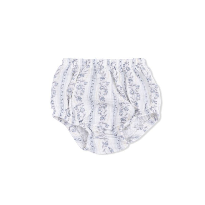 White baby bloomers with blue floral pattern on a white background