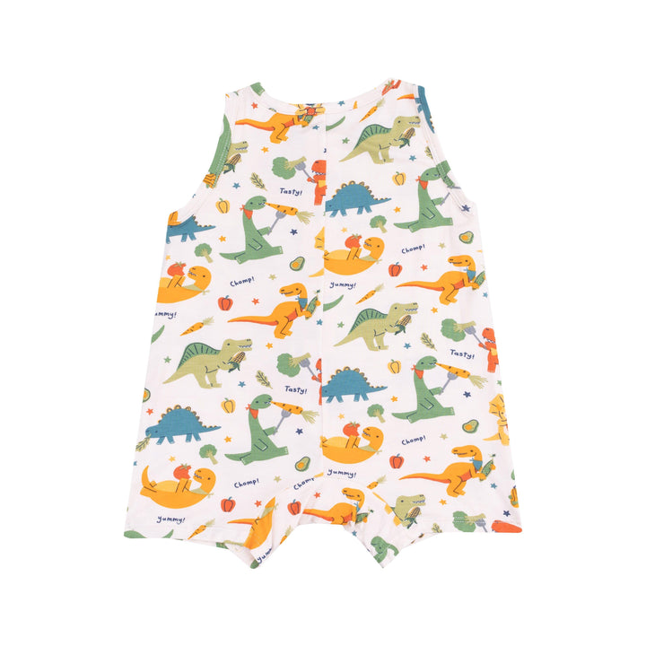 back of the baby romper with veggies and dinos printed all over this romper. 