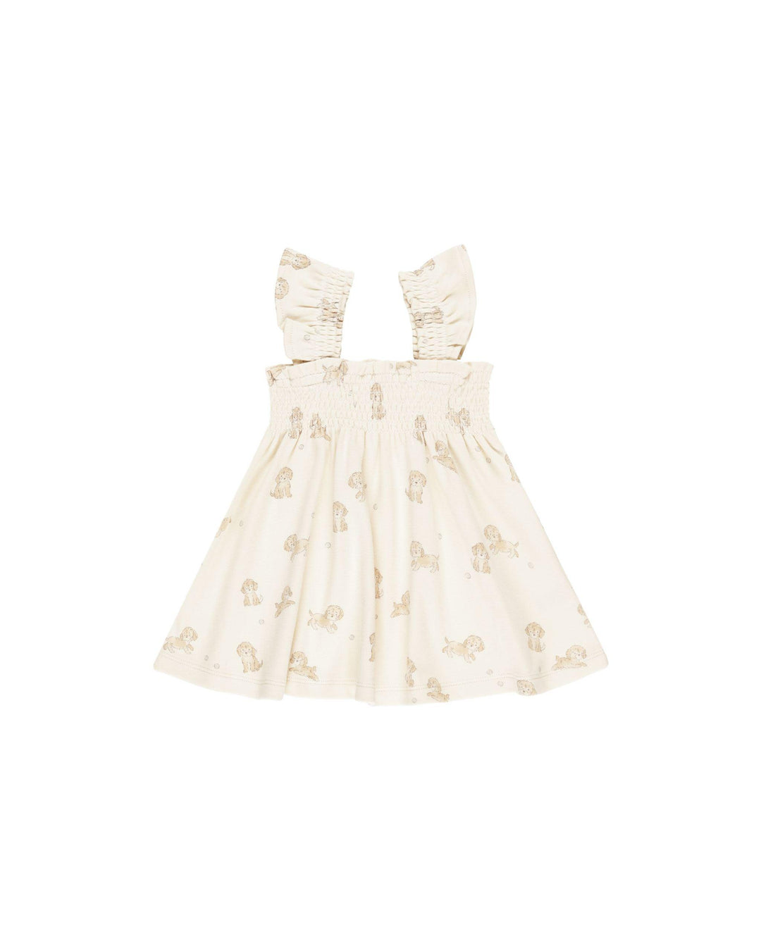 beige dress with smocking on top of the dress and at the sleeves. sleeveless dress with tiny brown puppies all over it. 