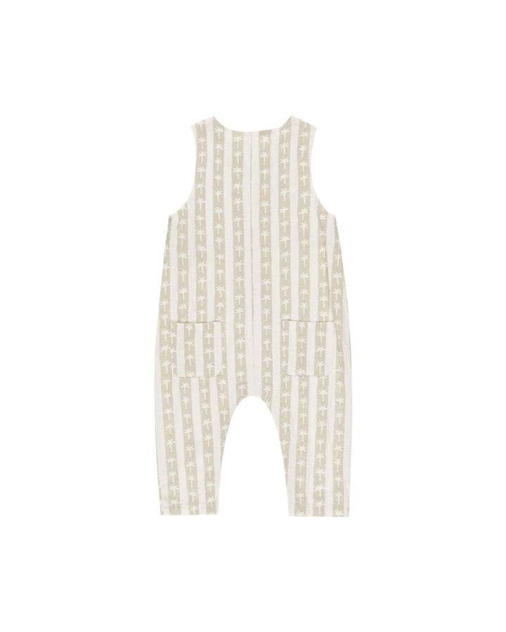 back of palm stripe jumpsuit with 2 pockets on the back. 