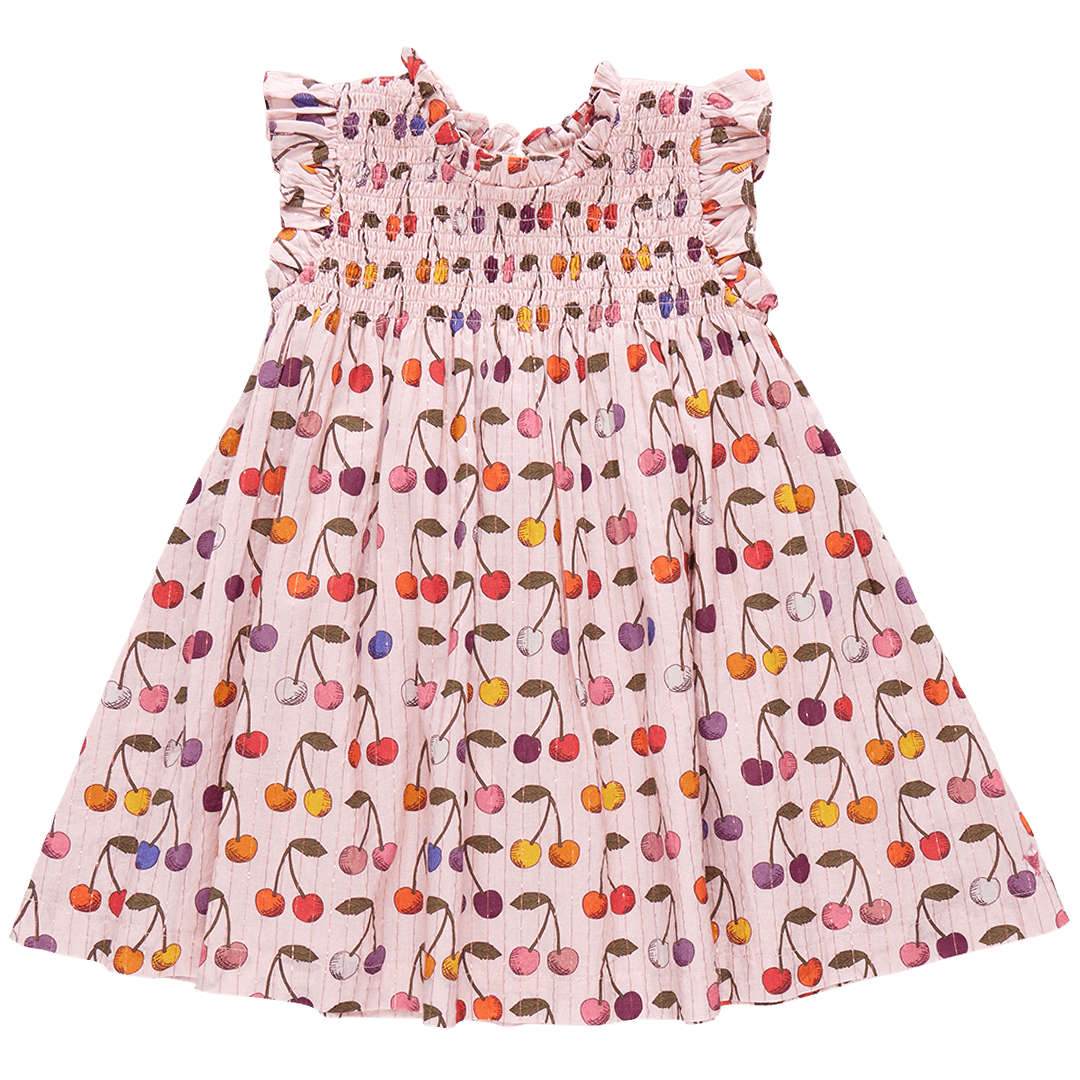 light pink dress with high collar and multi colored cherries all over the dress. ruffle at collar and sleeves