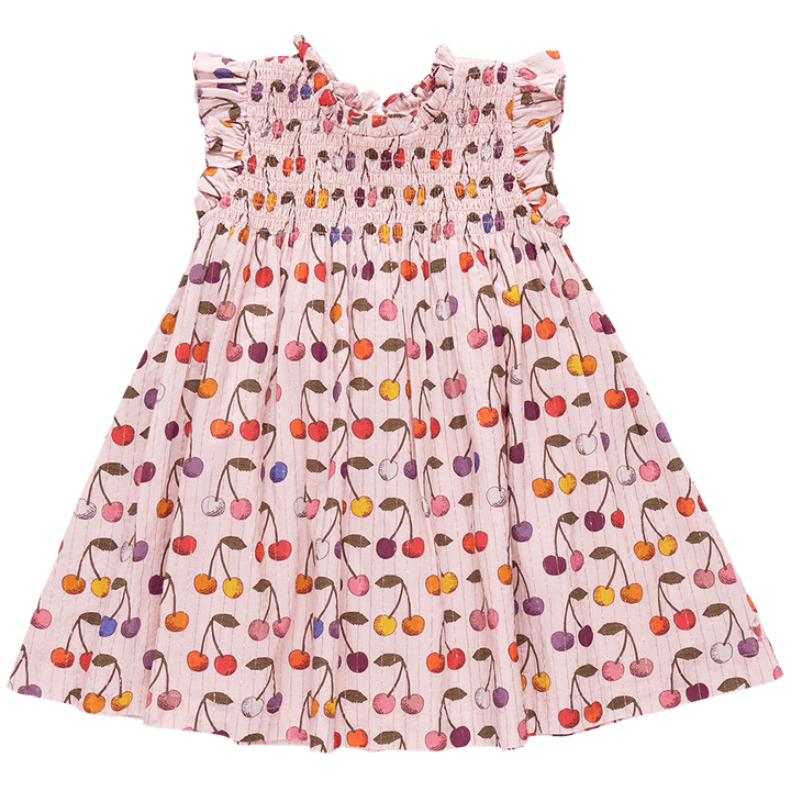 light pink dress with high collar and multi colored cherries all over the dress. ruffle at collar and sleeves