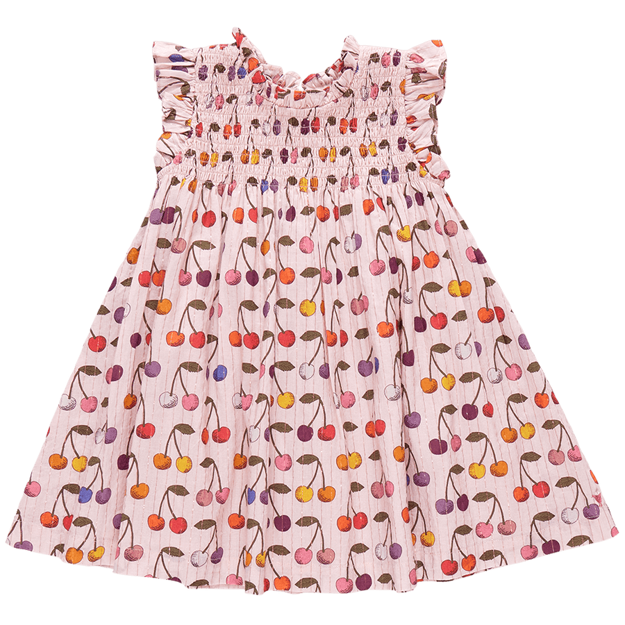 light pink dress with high collar and multi colored cherries all over the dress. ruffle at collar and sleeves