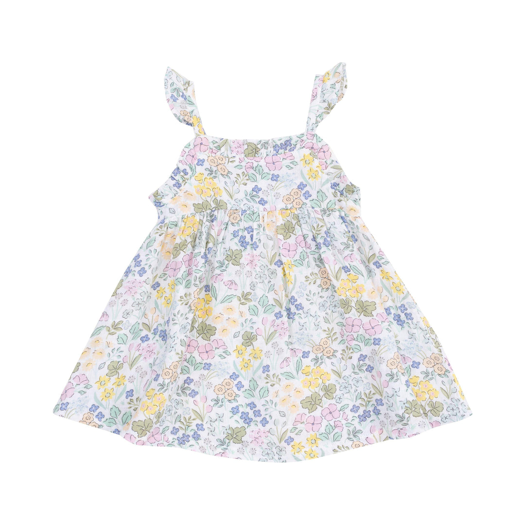 girls dress with spaghetti straps and ruffles at the edge at the top and on the sleeves. pastel floral: pink, yellow, blue and green flowers. 