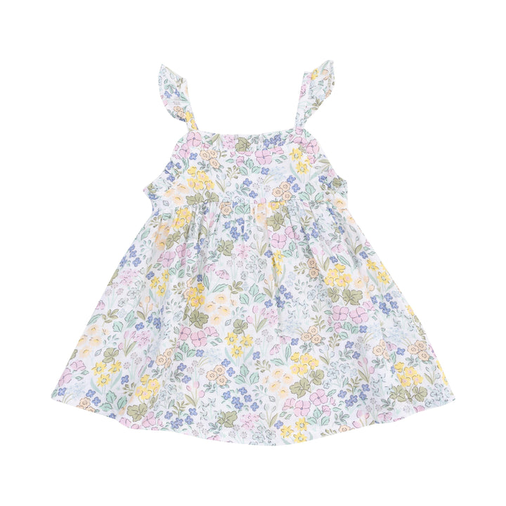 girls dress with spaghetti straps and ruffles at the edge at the top and on the sleeves. pastel floral: pink, yellow, blue and green flowers. 