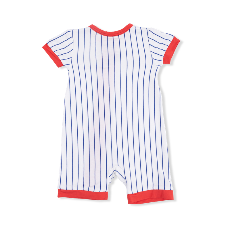back of Baby romper with blue and red baseball stripes on a white background