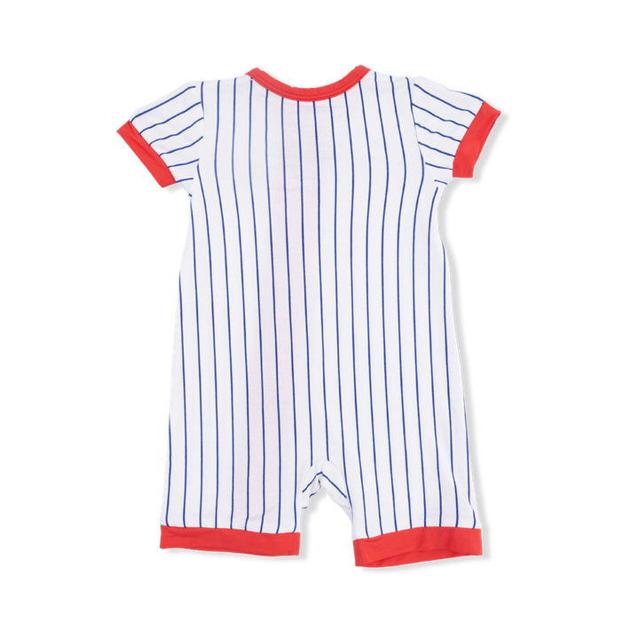 back of Baby romper with blue and red baseball stripes on a white background