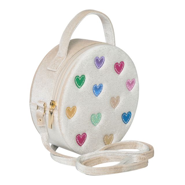 Round crossbody bag with colorful heart patterns on a white background