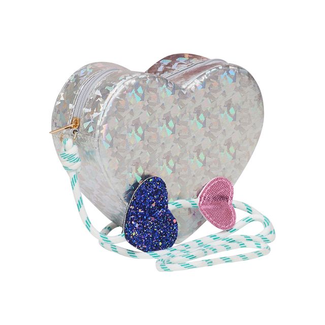 Heart-shaped glittery bag with a strap featuring a blue and pink heart on a white background