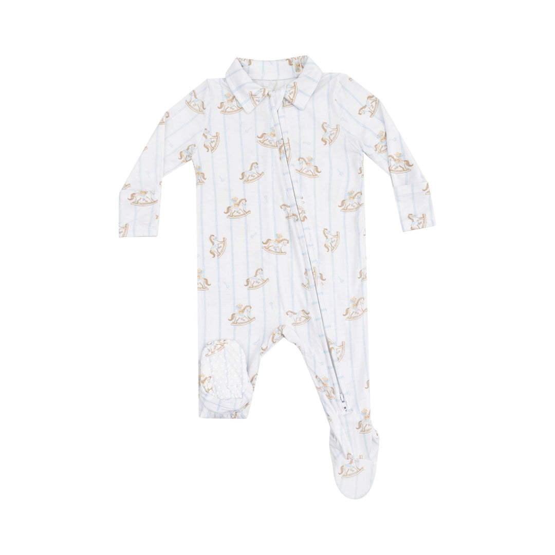 baby boy footie with polo collar, white base with blue pinstripes and rocking horse print. 