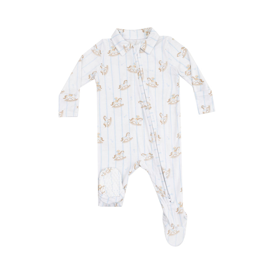 baby boy footie with polo collar, white base with blue pinstripes and rocking horse print. 
