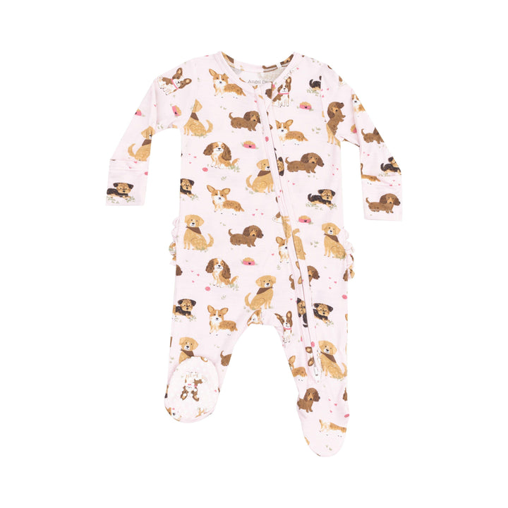 light pink baby footie with puppy print all over the footie of different breeds. 