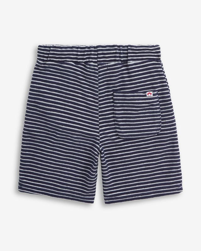 Navy and white striped shorts on a light gray background
