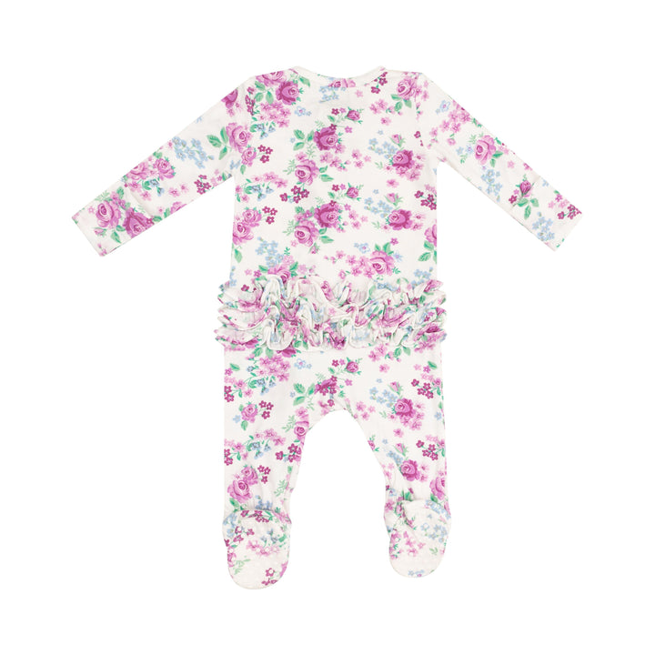 baby girl footie with white background and purple flowers - this is the back of it. with ruffles on the bum. 