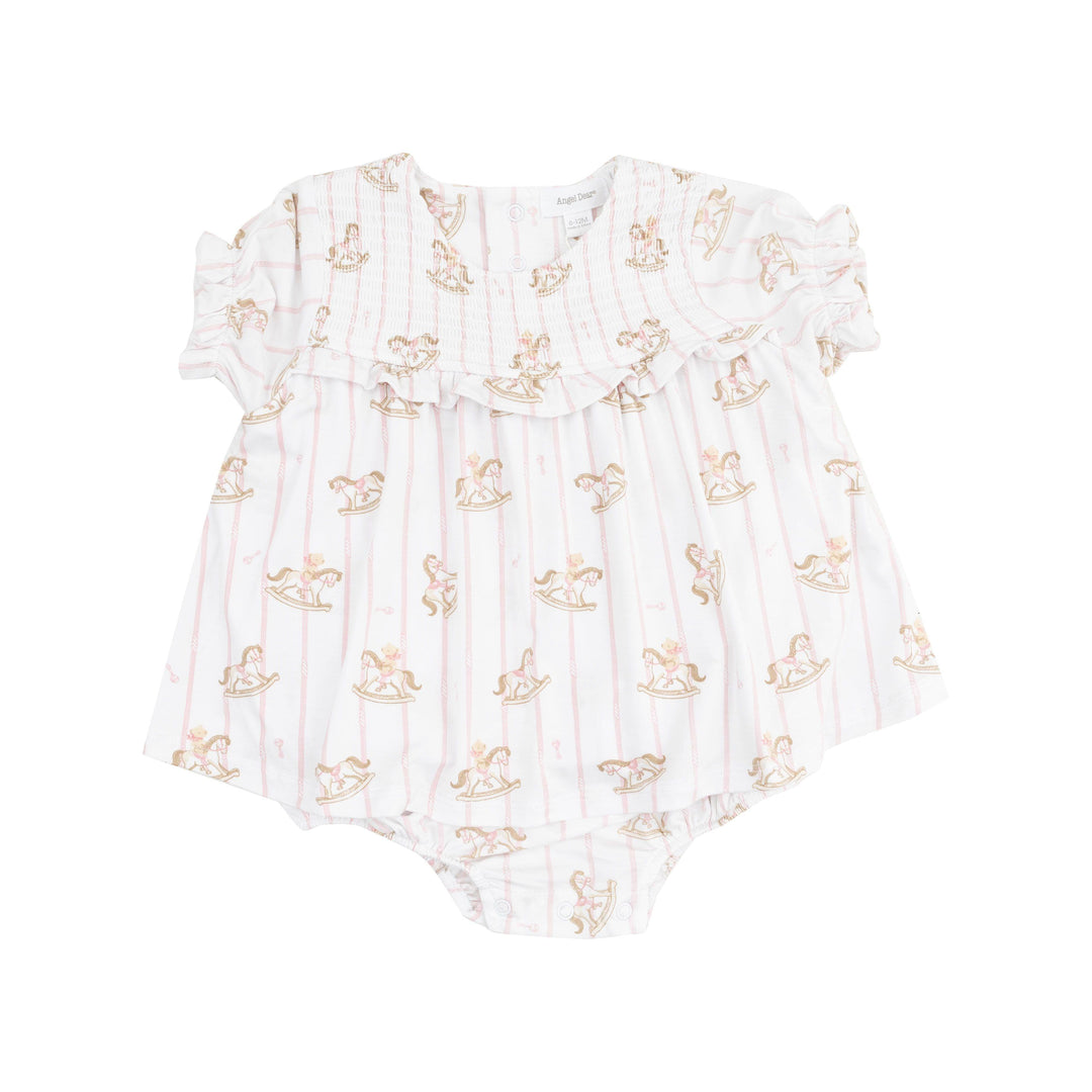 short sleeve dress with bodysuit attahed and smocked top. white dress with pink pinstripes and rocking horse print on the dress. 